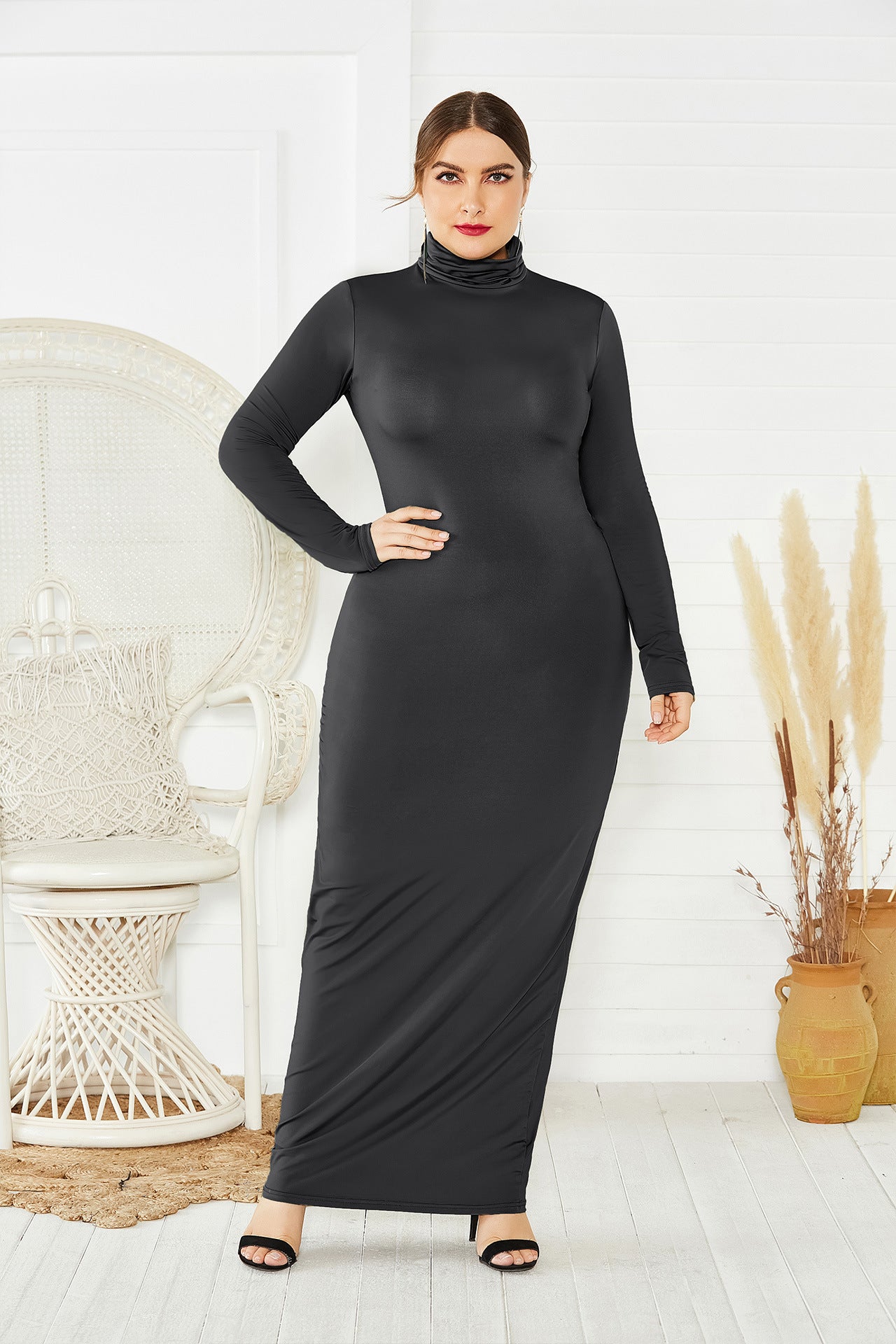 Elegant Turtleneck Plus Sizes Dresses-Dresses-Black-2XL-Free Shipping at meselling99