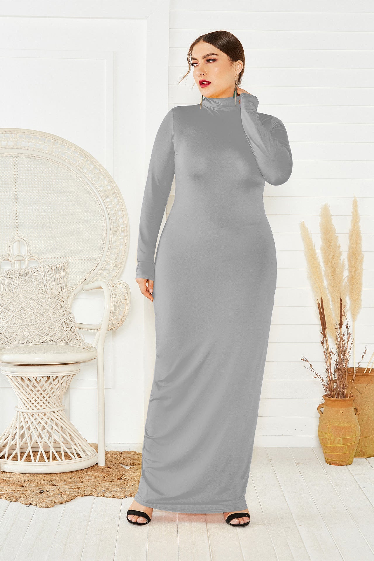 Elegant Turtleneck Plus Sizes Dresses-Dresses-Gray-2XL-Free Shipping at meselling99