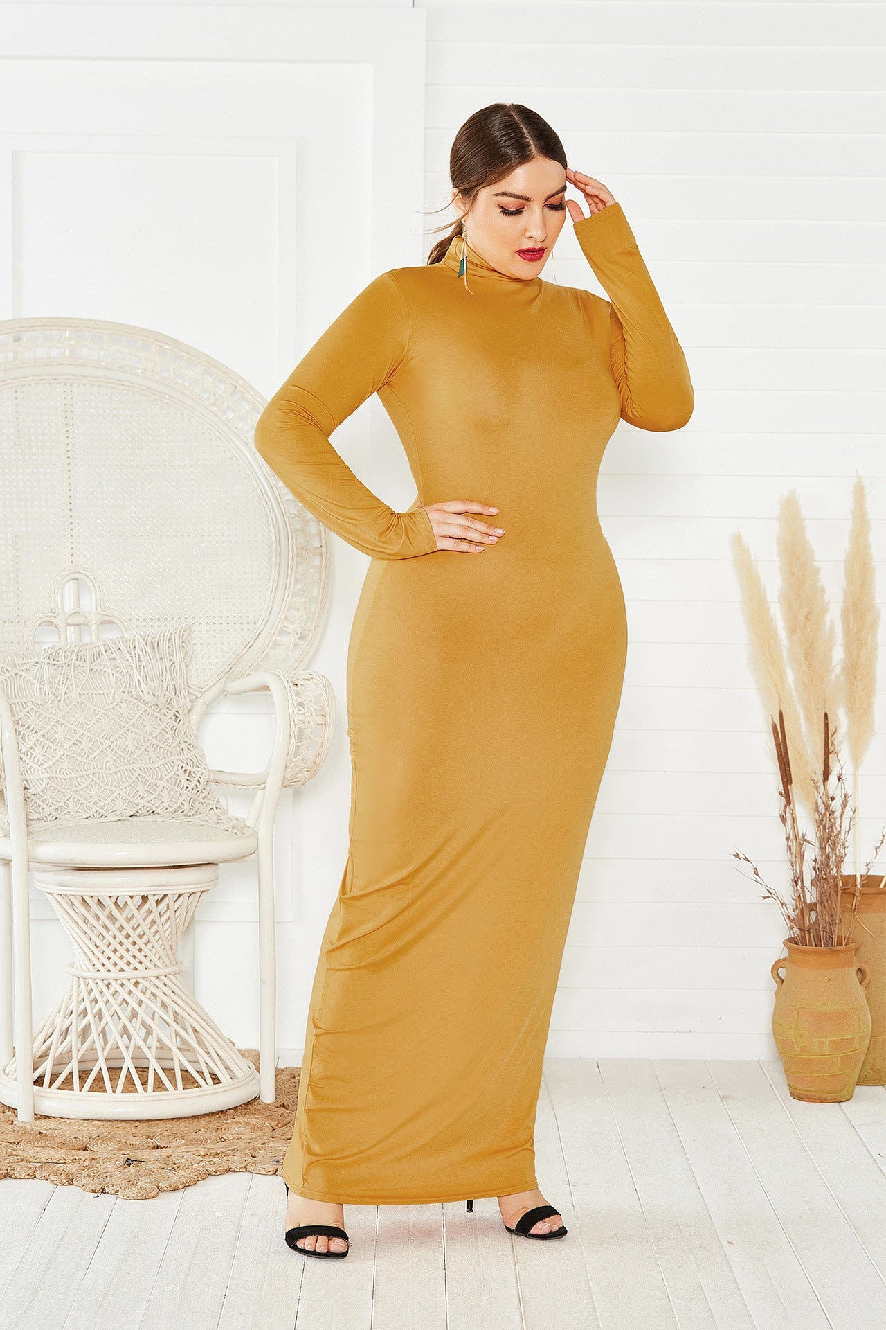Elegant Turtleneck Plus Sizes Dresses-Dresses-Orange-2XL-Free Shipping at meselling99