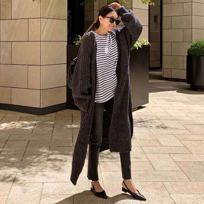 Luxury Loose Knitted Long Cardigan Sweaters-Women Overcoat-Gray-One Size-Free Shipping at meselling99