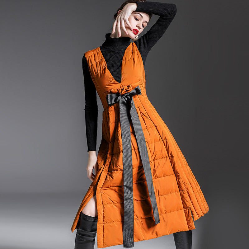 Sleeveless Winter Long Down Vest for Women-Vests-Orange-S under 46kg-Free Shipping at meselling99