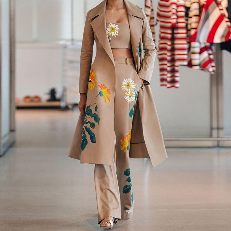 Classy Daisy Print Trenchcoat and Pants Suits-Khaki-S-Free Shipping at meselling99