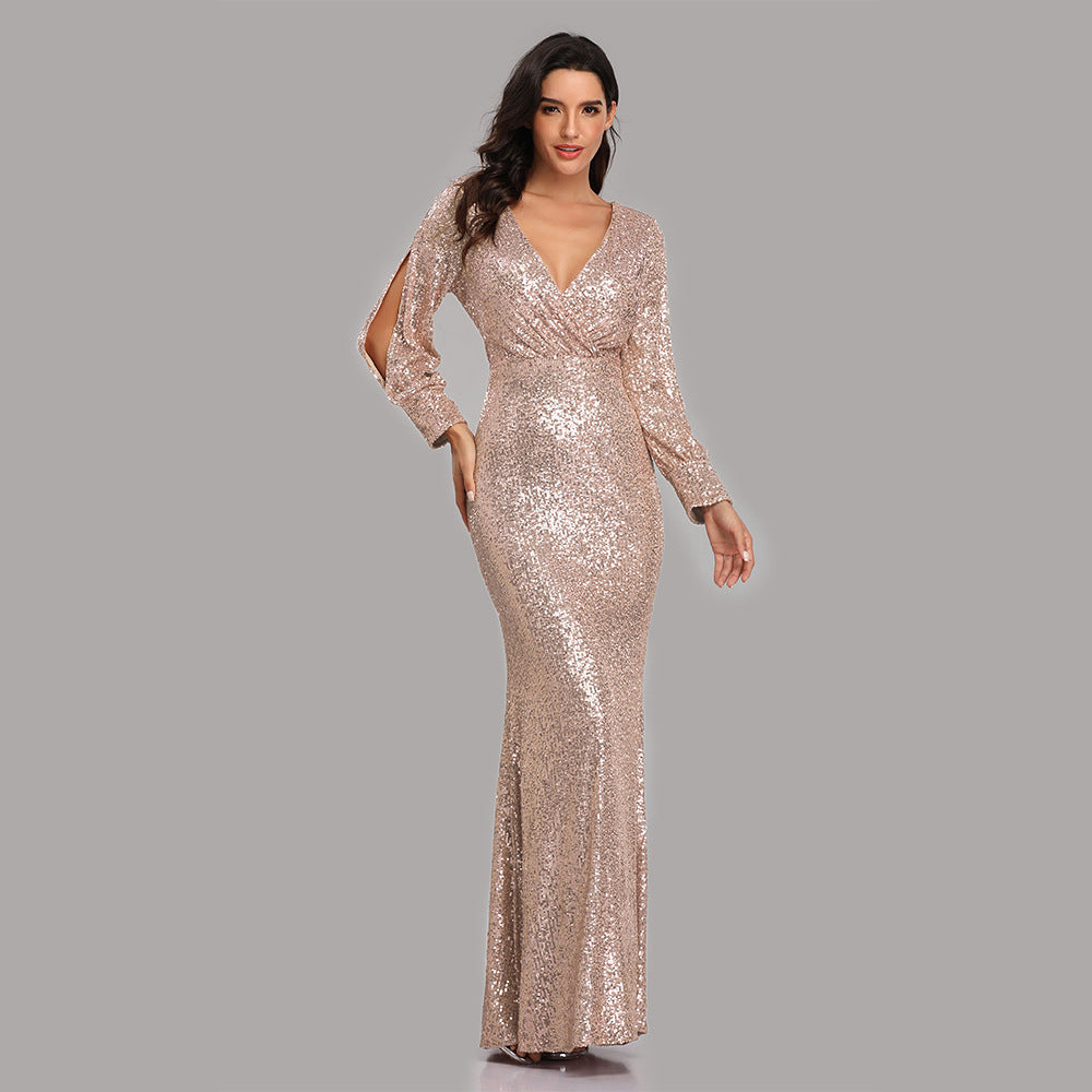 Sexy V Neck Sequined Mermaid Evening Dresses-Dresses-Champagne-S-Free Shipping at meselling99