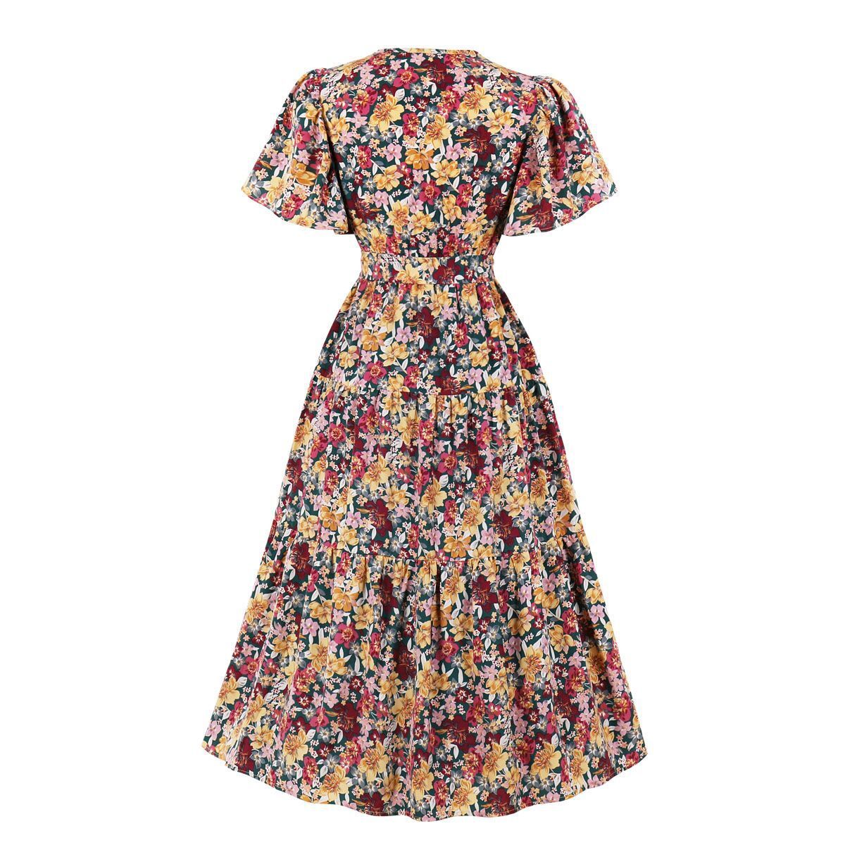 Vintage V Neck Little Flowers Short Sleeves Long Dress-Vintage Dresses-Free Shipping at meselling99