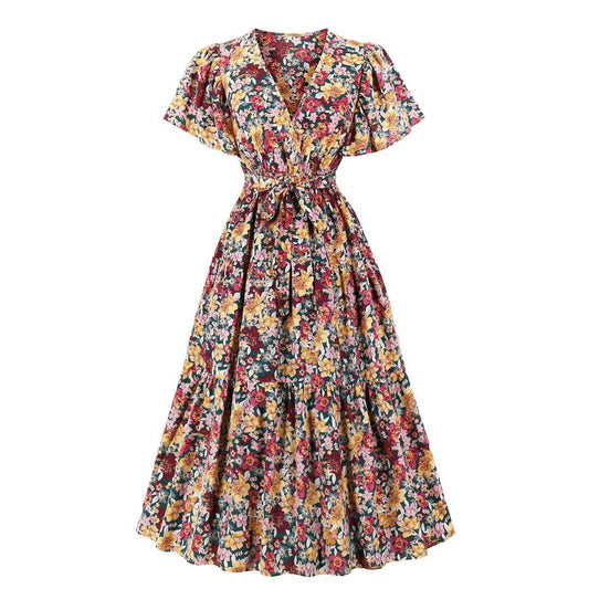Vintage V Neck Little Flowers Short Sleeves Long Dress-Vintage Dresses-The same as picture-S-Free Shipping at meselling99