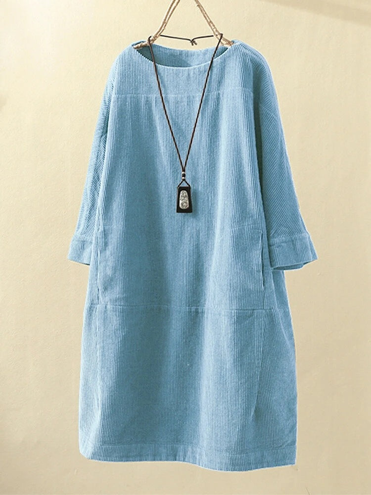 Women Casual Corduroy Fall Dresses-Fall Dresses-Sky Blue-M-Free Shipping at meselling99