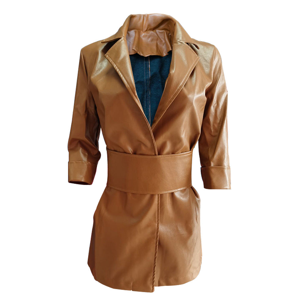 Women Long Sleeves Blazer Mini PU Dresses with Belt-Sexy Dresses-Brown-S-Free Shipping at meselling99