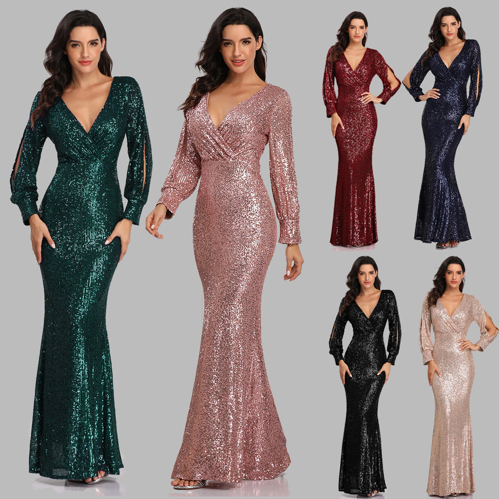 Sexy V Neck Sequined Mermaid Evening Dresses-Dresses-Free Shipping at meselling99