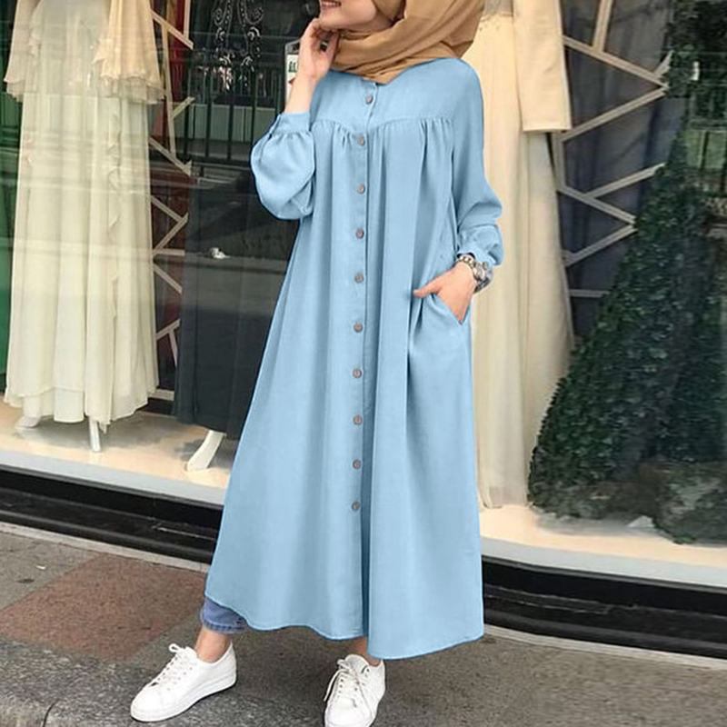 Women Leisure Long Sleeves Shirt Dresses-Maxi Dresses-Sky Blue-S-Free Shipping at meselling99