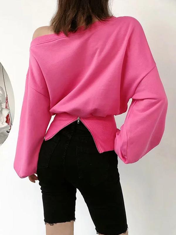 Meselling99 Solid Color Off-The-Shoulder Zipper Sweat Shirts-Hoodies & Jackets-Free Shipping at meselling99