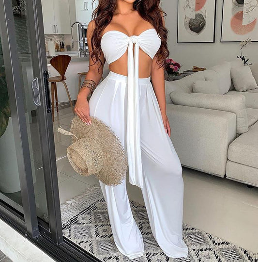 Sexy Women Strapless Tops+loose Pants Suits-White-S-Free Shipping at meselling99