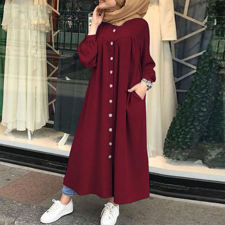 Women Leisure Long Sleeves Shirt Dresses-Maxi Dresses-Wine Red-S-Free Shipping at meselling99