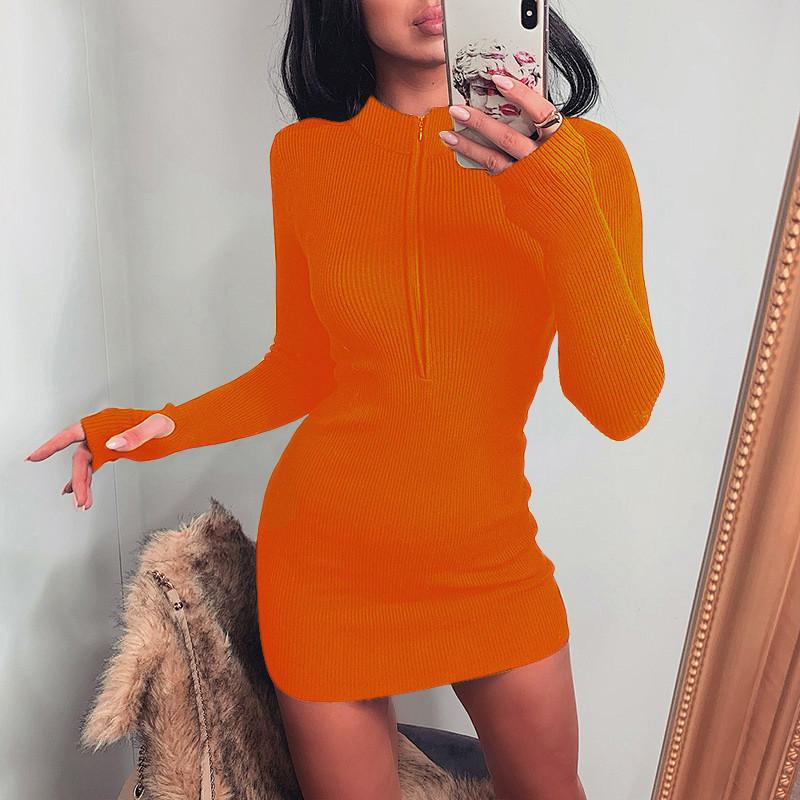 Plus Sizes Long Sleeves Women Zipper Sheath Mini Dresses-Sexy Dresses-Orange-S-Free Shipping at meselling99