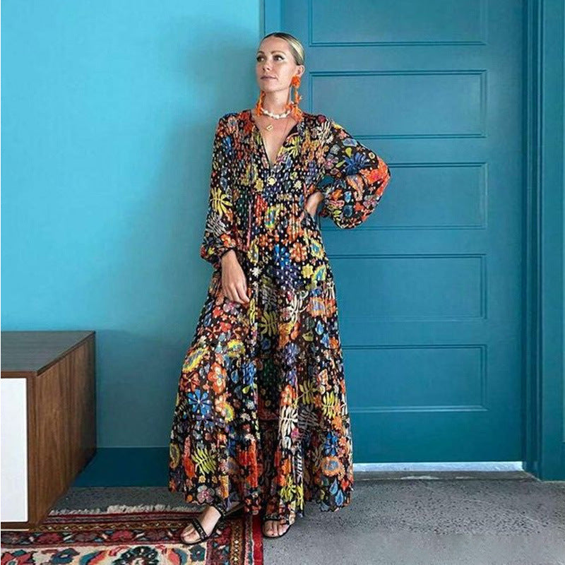 Women Long Skirtn Flower Print V-neck Long Sleeves Dress-Maxi Dresses-The same as picture-S-Free Shipping at meselling99