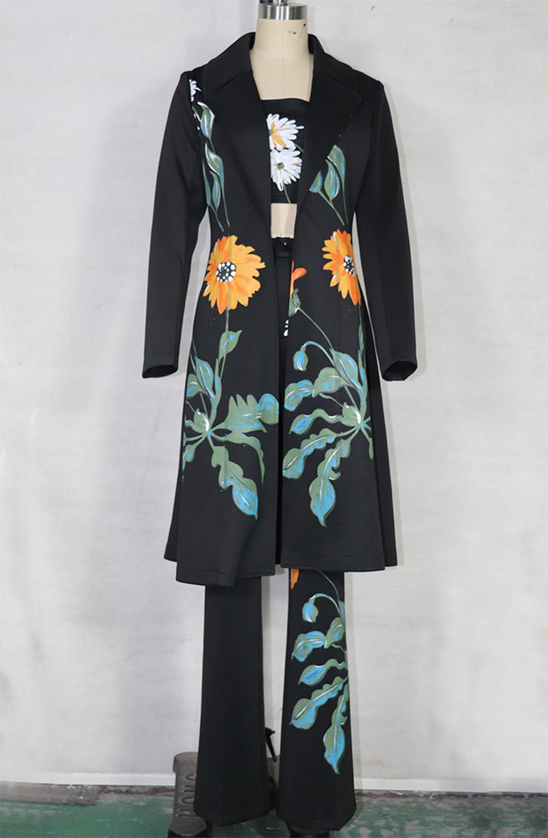 Classy Daisy Print Trenchcoat and Pants Suits--Free Shipping at meselling99