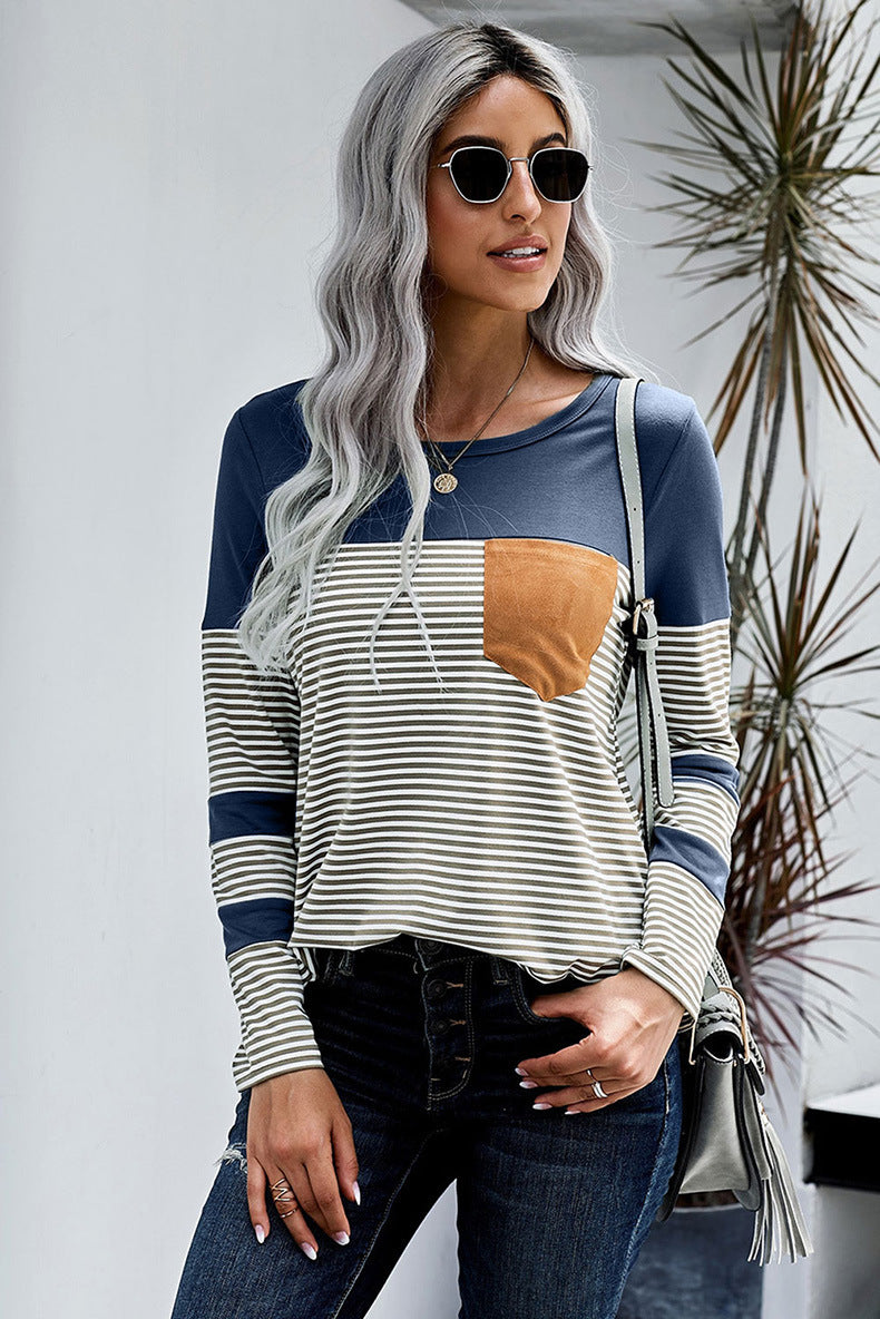 Women Striped Long Sleeves T Shirts-Women Sweaters-Blue-S-Free Shipping at meselling99
