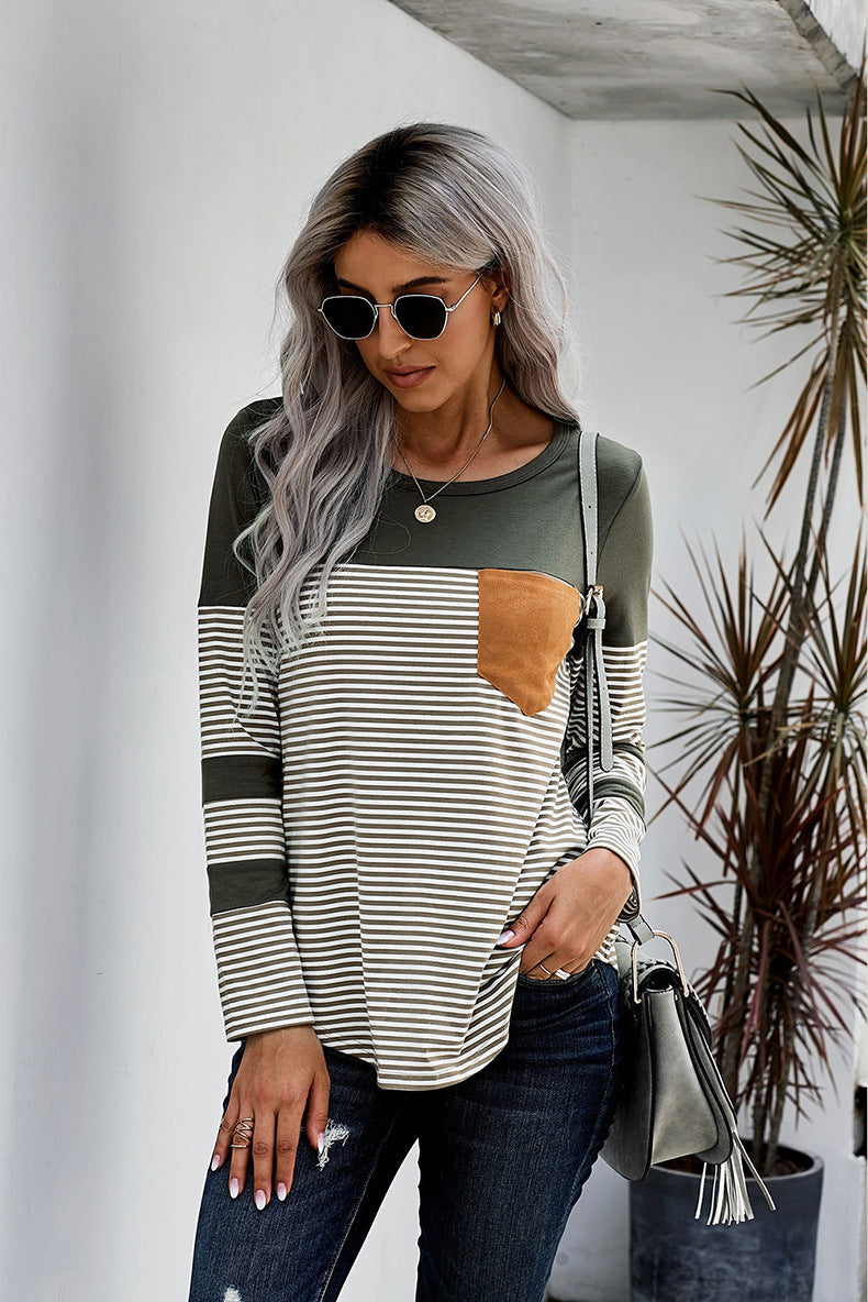 Women Striped Long Sleeves T Shirts-Women Sweaters-Green-S-Free Shipping at meselling99