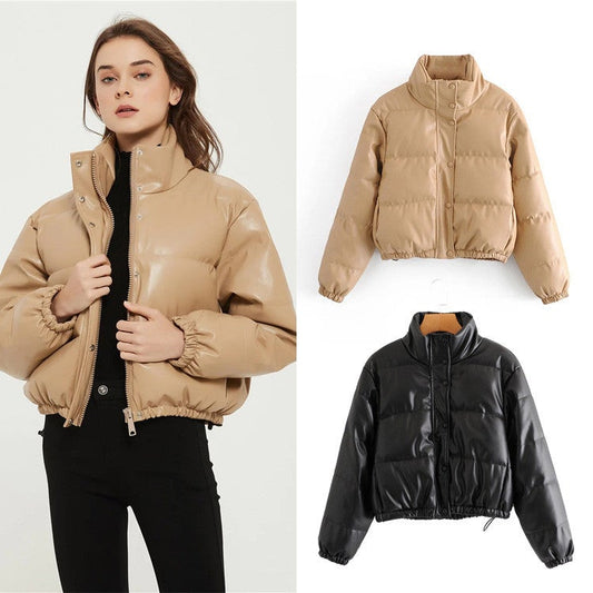 Casual Pu Leather High Neck Women Cotton Jacket Overcoat-Outerwear-Free Shipping at meselling99