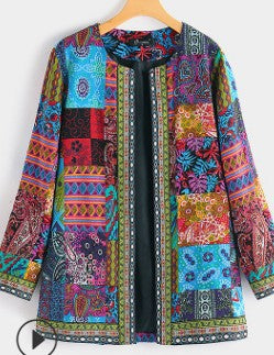 Vintage Cotton Linen Print Plus Size Women Cardigan Coat-women coats-Blue-1-L-Free Shipping at meselling99