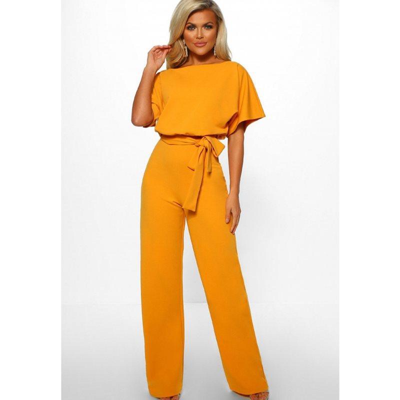 Women Summer Belt Short Sleeves Summer Jumpsuits-Yellow-S-Free Shipping at meselling99