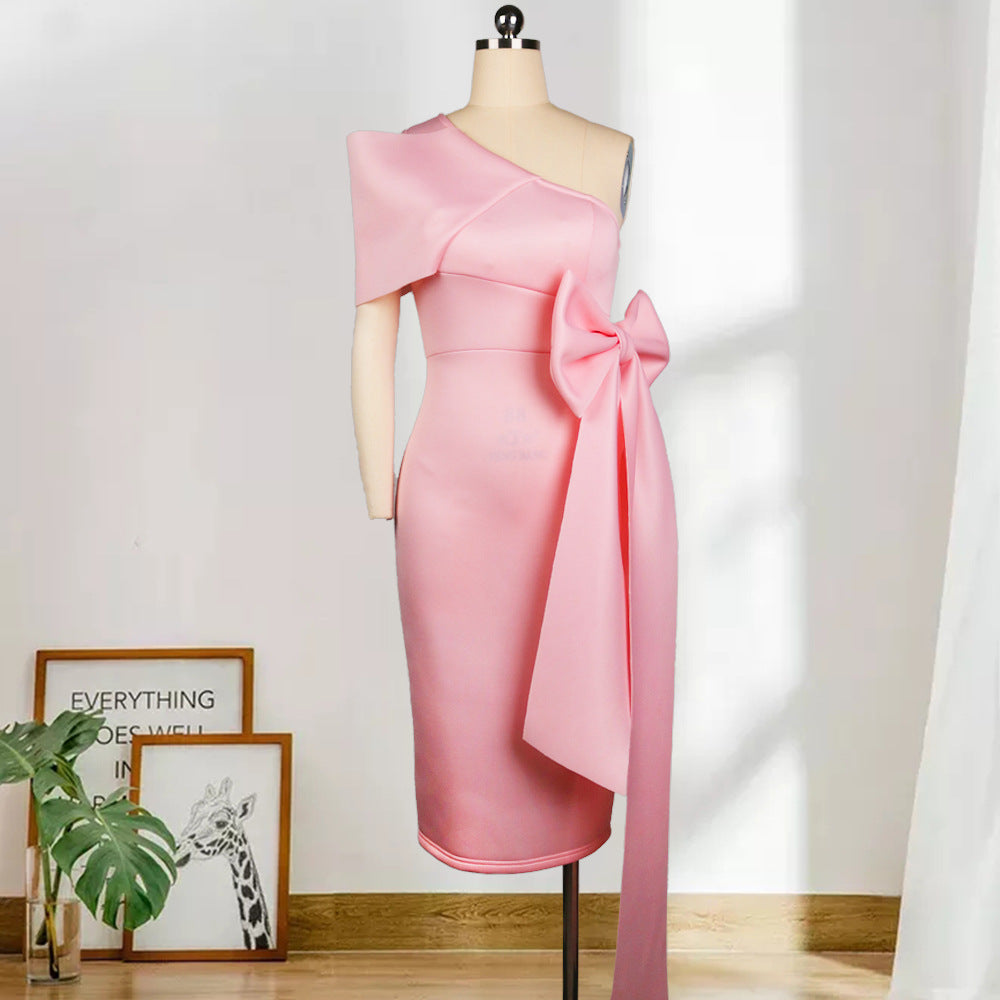 Sexy One Shoulder Bowknot Sheath Party Dresses-Dresses-Pink-S-Free Shipping at meselling99