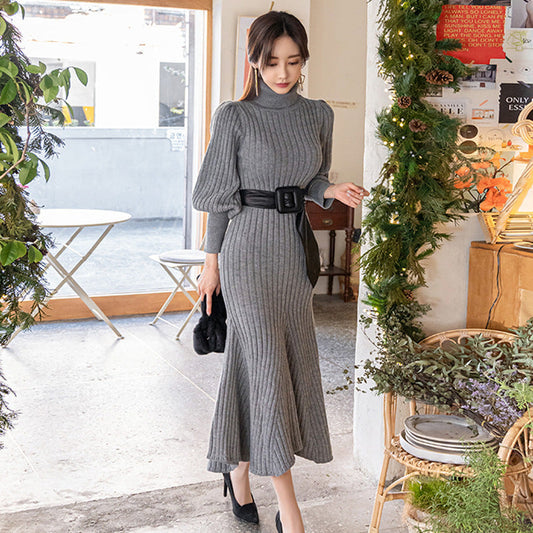 Casual Turtleneck Winter Long Knitted Dresses for Women with Belt-Dresses-Gray-One Size-Free Shipping at meselling99