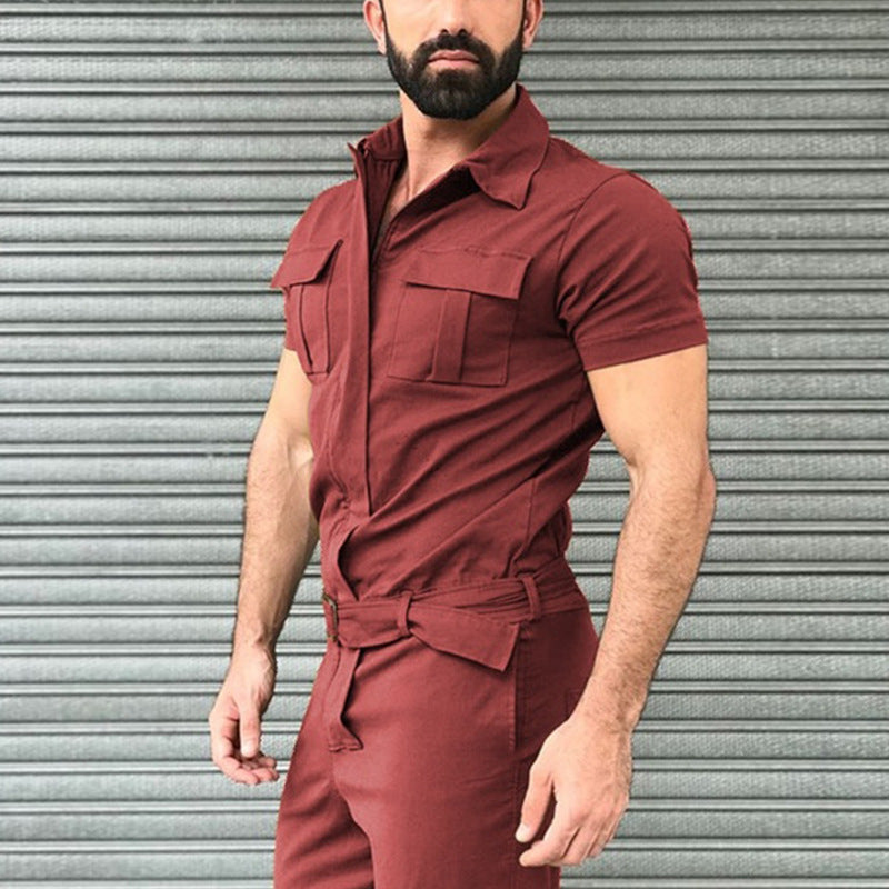 Leisure Slim Waist Overall Jumpsuits for Men-Men Jumpsuits-Wine Red-S-Free Shipping at meselling99