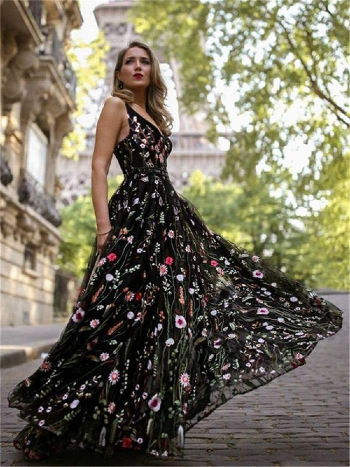 Black Women Floral Print V-neck Long Maxi Dresses-Sexy Dresses-Black-S-Free Shipping at meselling99
