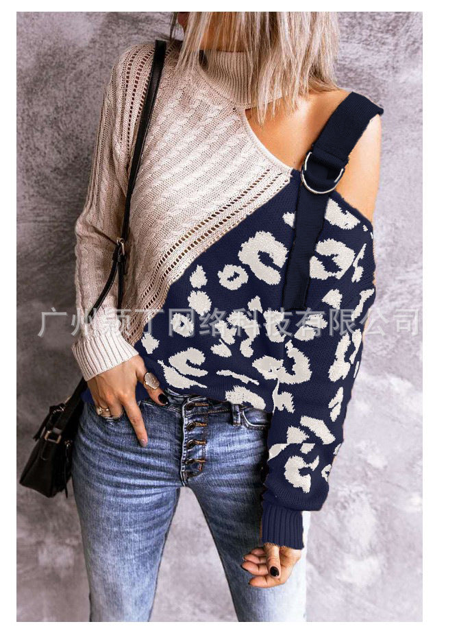 New Leopard High Neck Women Fall Sweaters-Women Sweaters-Dark Blue-S-Free Shipping at meselling99