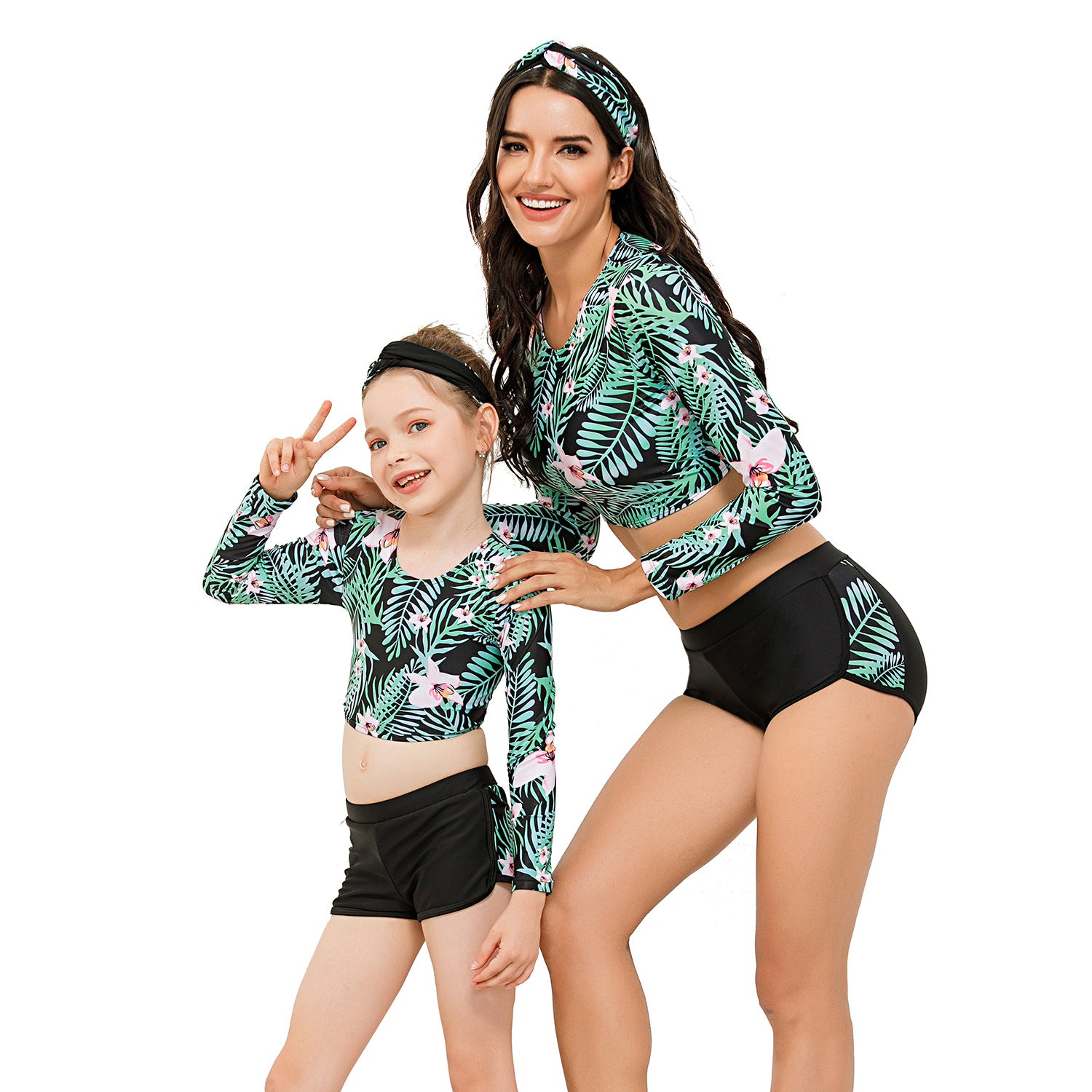 Green Parent-child swimwear surf suit Diving suit Long sleeve sunscreen Orni flower--Free Shipping at meselling99