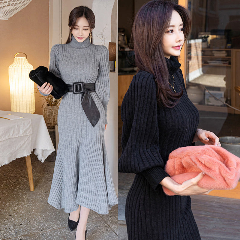 Casual Turtleneck Winter Long Knitted Dresses for Women with Belt-Dresses-Free Shipping at meselling99