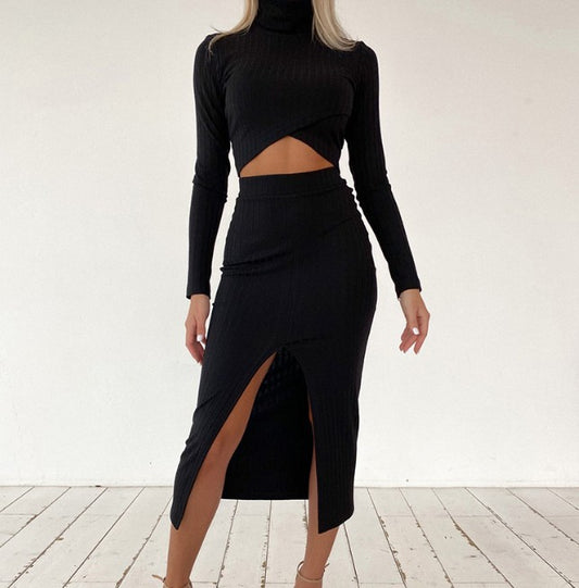 Sexy Long Sleeve Shirts+ High Waist Skirt Suits-Sexy Dresses-Black-S-Free Shipping at meselling99