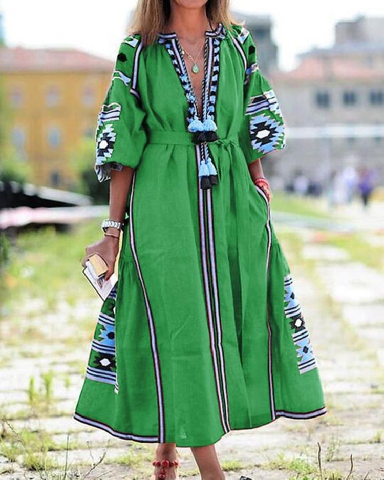 New Women Bohemia Print Long Dresses-Maxi Dresses-Green-S-Free Shipping at meselling99