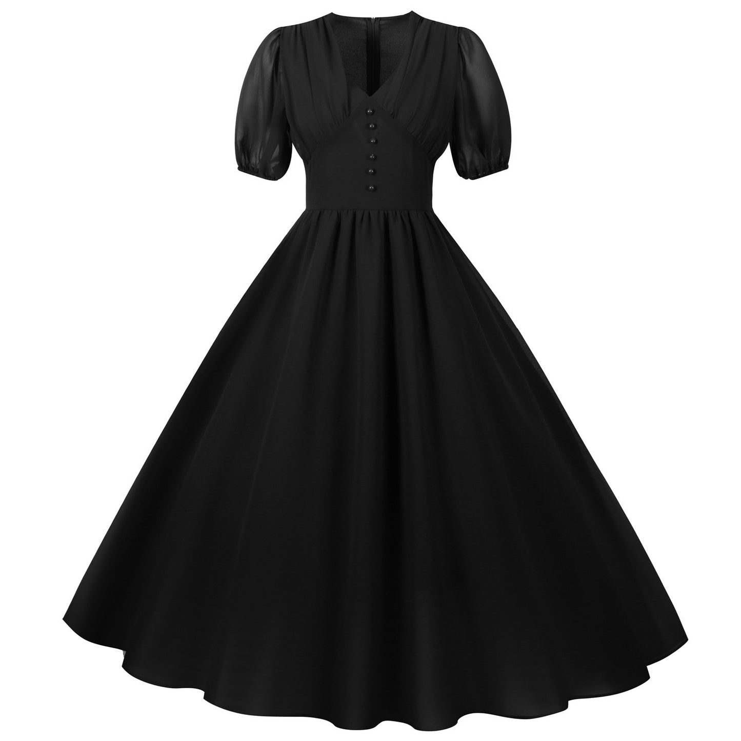 Chiffon Vintage Short Sleeves Dresses-Maxi Dresses-Black-S-Free Shipping at meselling99