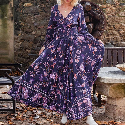 Fall Long Sleeves Floral Print Long Dresses-Maxi Dresses-Purple-S-Free Shipping at meselling99