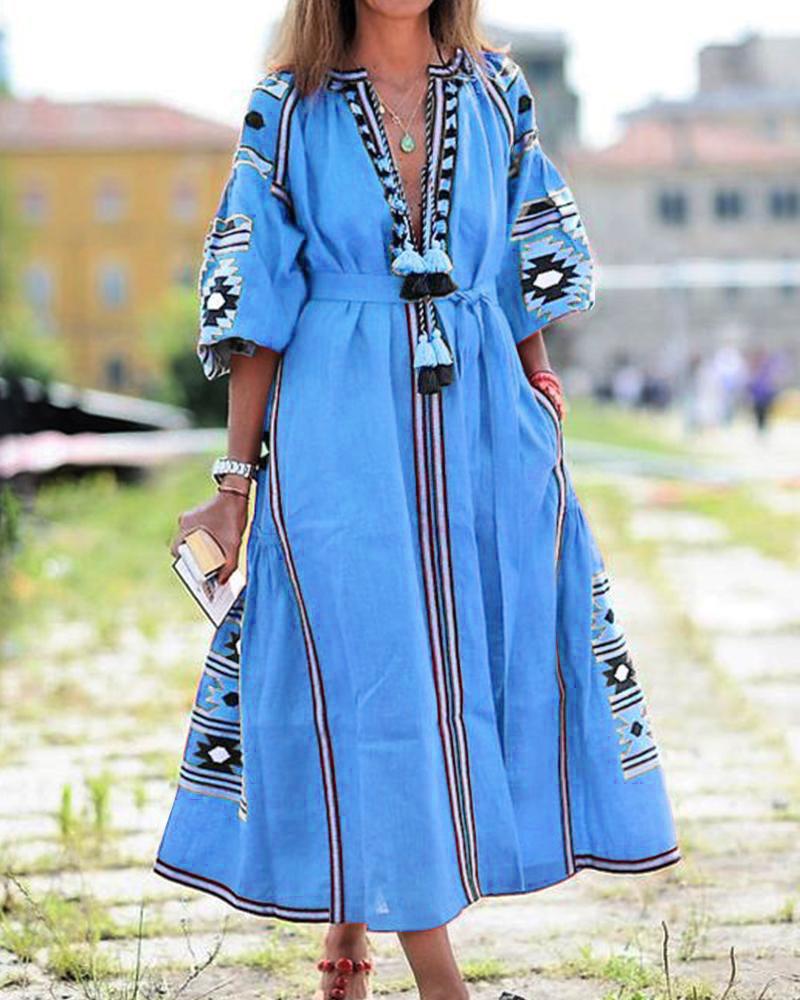 New Women Bohemia Print Long Dresses-Maxi Dresses-Light Blue-S-Free Shipping at meselling99