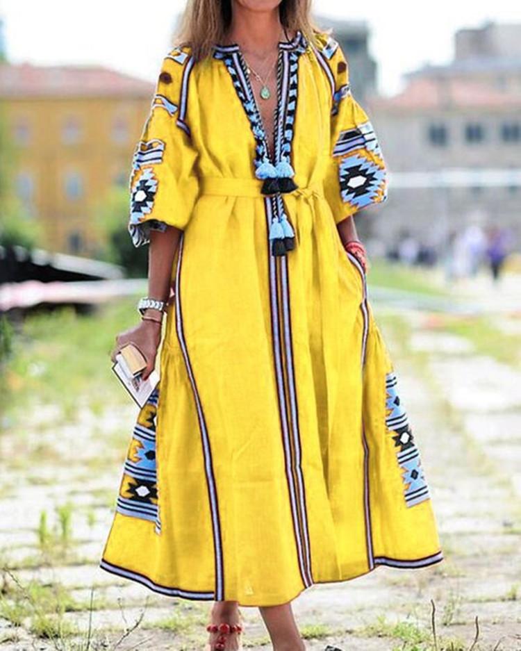 New Women Bohemia Print Long Dresses-Maxi Dresses-Yellow-S-Free Shipping at meselling99