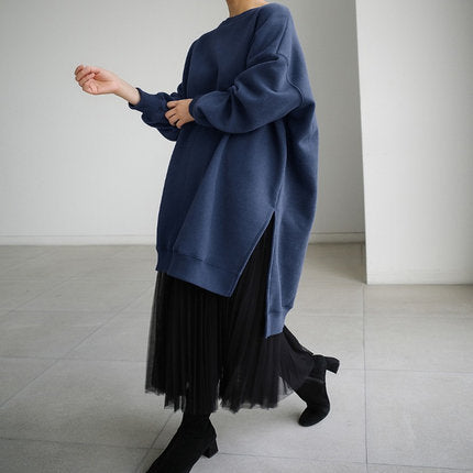 Women Round Neck Split Loose Plus Sizes Hoodies-Women Sweaters-Dark Blue-S-Free Shipping at meselling99