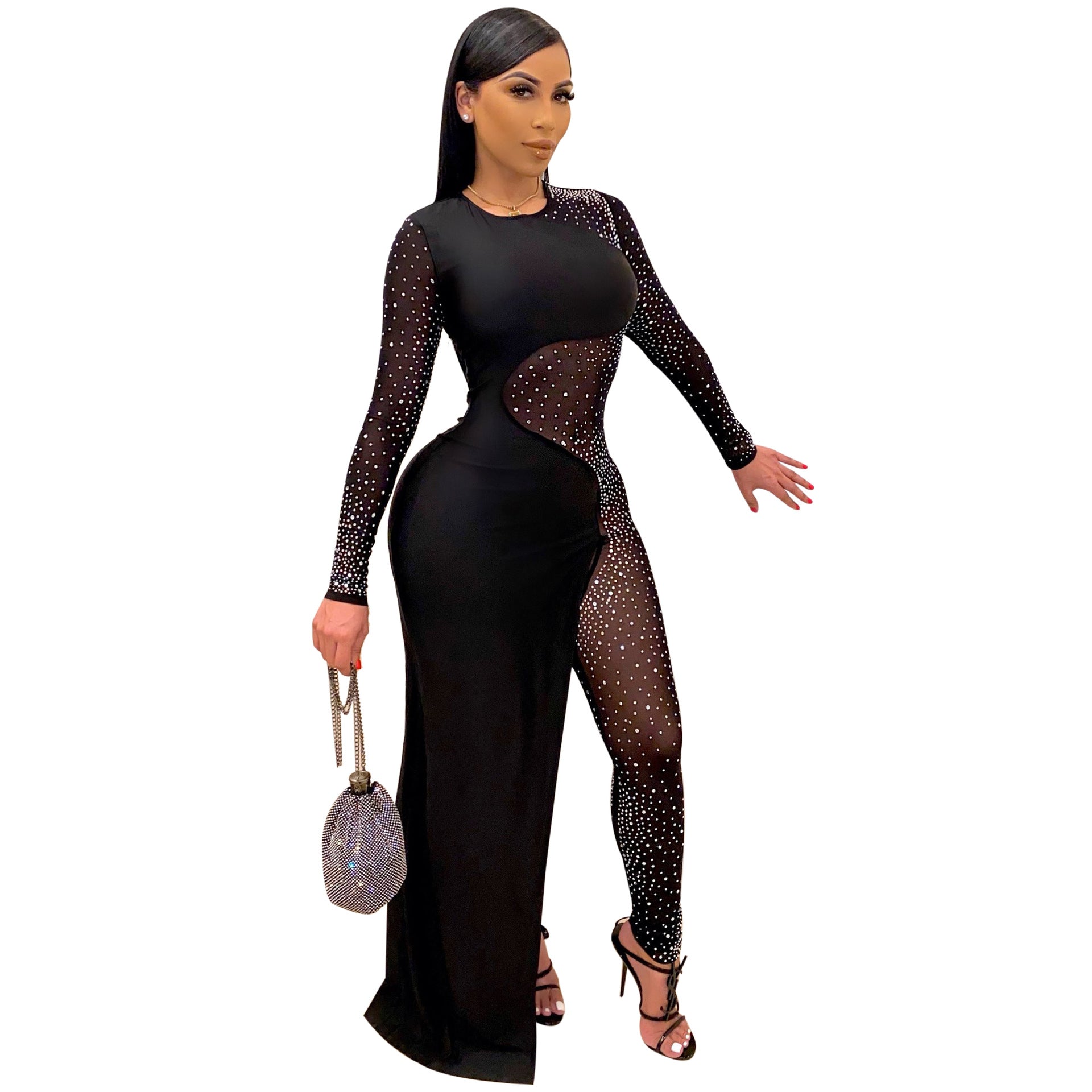 Sexy See Through Rhinestone Night Club Suits-Sexy Party Dresses-Black-S-Free Shipping at meselling99