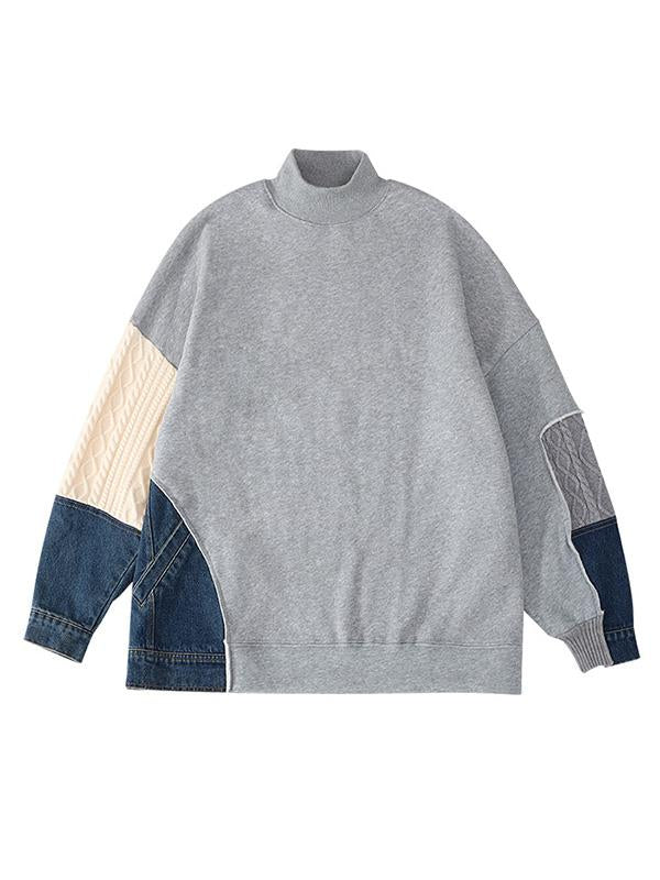 Original Contrast Color Denim Split-Joint Turtleneck Sweatshirt-Sweatshirts-Free Shipping at meselling99