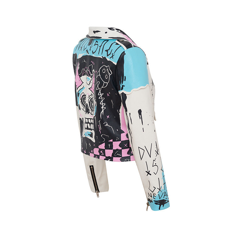 Personality Graffiti Design Punk Rivet PU Jacket for Women-Coats & Jackets-Free Shipping at meselling99