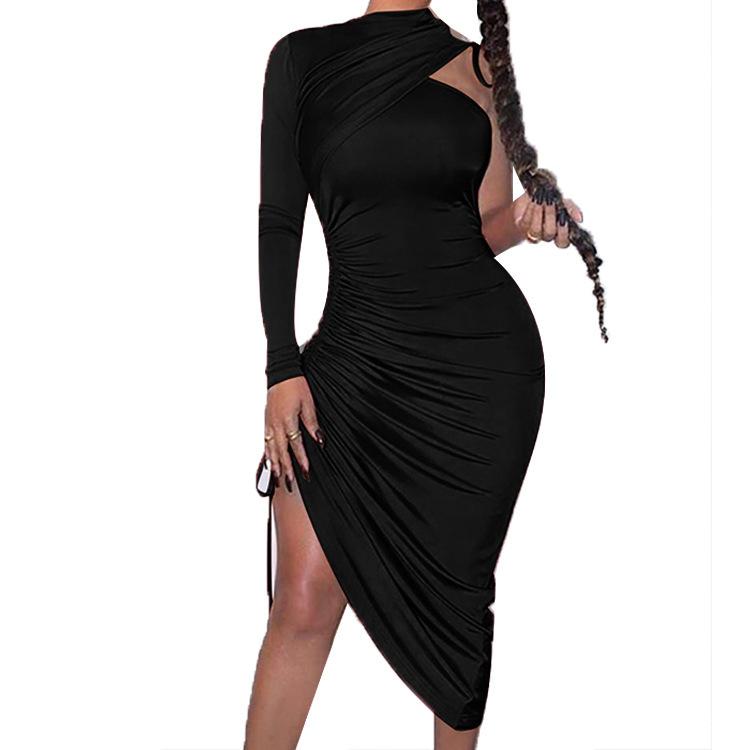 Women Summer One Shoulder Sheath Midi Length Dresses-Sexy Dresses-Black-S-Free Shipping at meselling99
