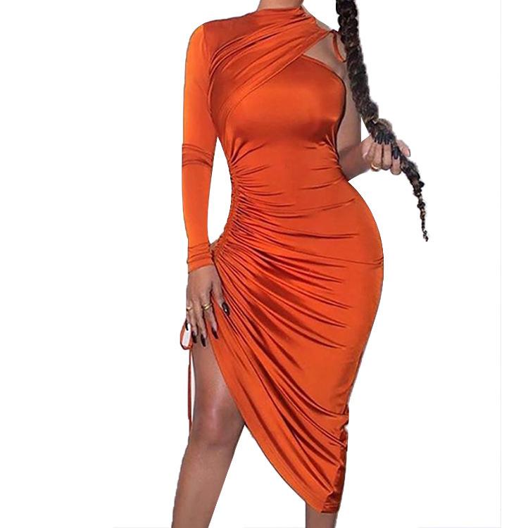 Women Summer One Shoulder Sheath Midi Length Dresses-Sexy Dresses-Orange-S-Free Shipping at meselling99