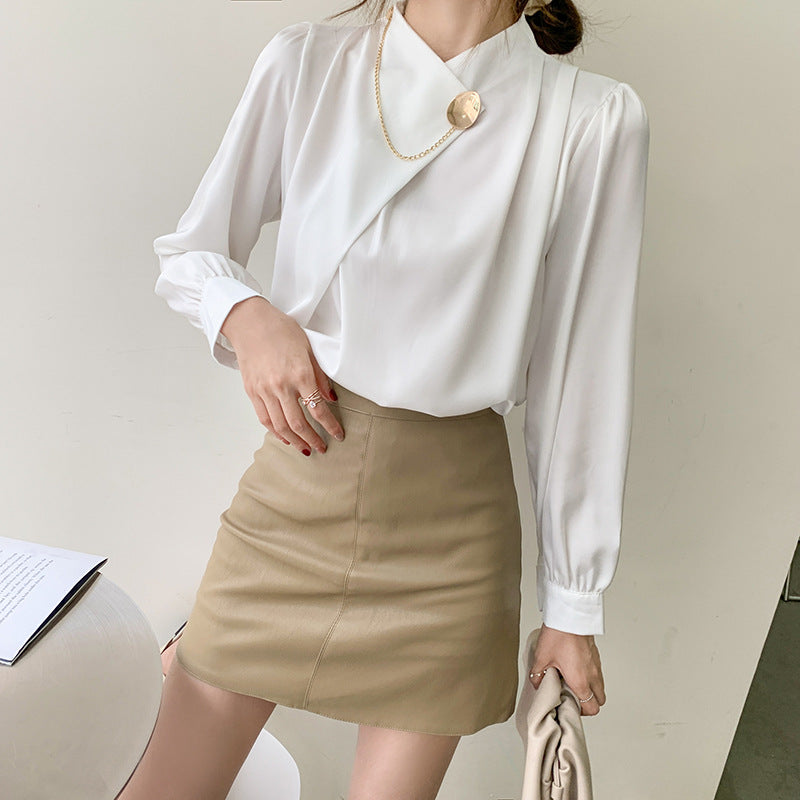 Elegant Designed Satin Stand Collar Women Blouses-Shirts & Tops-White-S-Free Shipping at meselling99