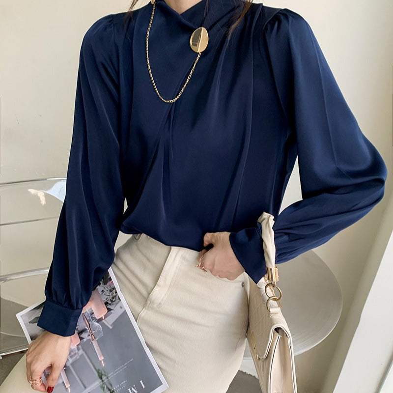 Elegant Designed Satin Stand Collar Women Blouses-Shirts & Tops-Blue-S-Free Shipping at meselling99