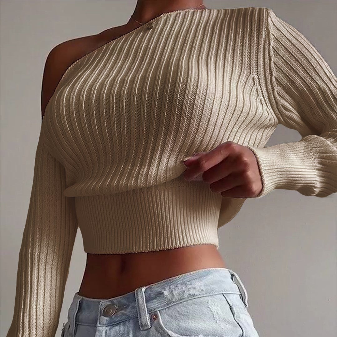 Women One Shoulder Sexy Knitted Sweaters-Shirts & Tops-Khaki-S-Free Shipping at meselling99