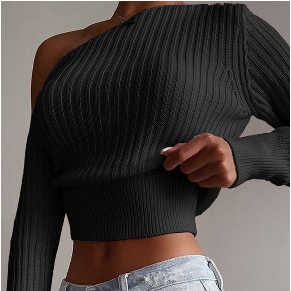 Women One Shoulder Sexy Knitted Sweaters-Shirts & Tops-Black-S-Free Shipping at meselling99