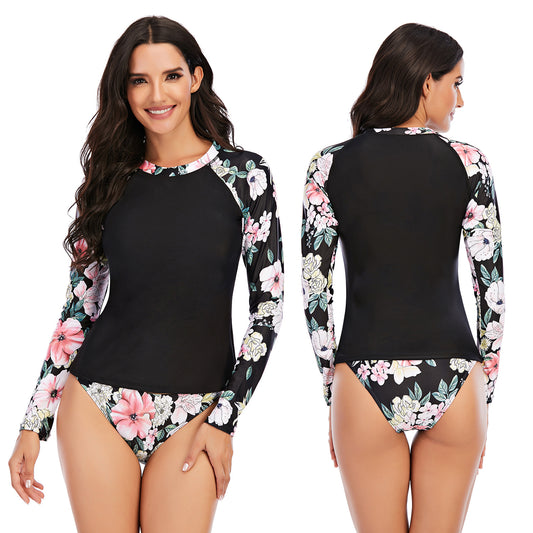 Black Flower Surfsuit Split Long Sleeve Women's Swimsuit Two PiecesSwimwear--Free Shipping at meselling99