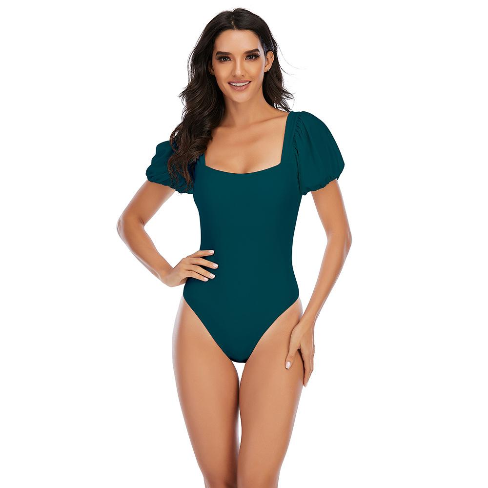 Women Square Neckline Short Sleeves One Piece Swimsuit--Free Shipping at meselling99