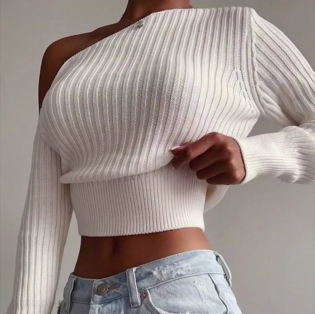 Women One Shoulder Sexy Knitted Sweaters-Shirts & Tops-White-S-Free Shipping at meselling99